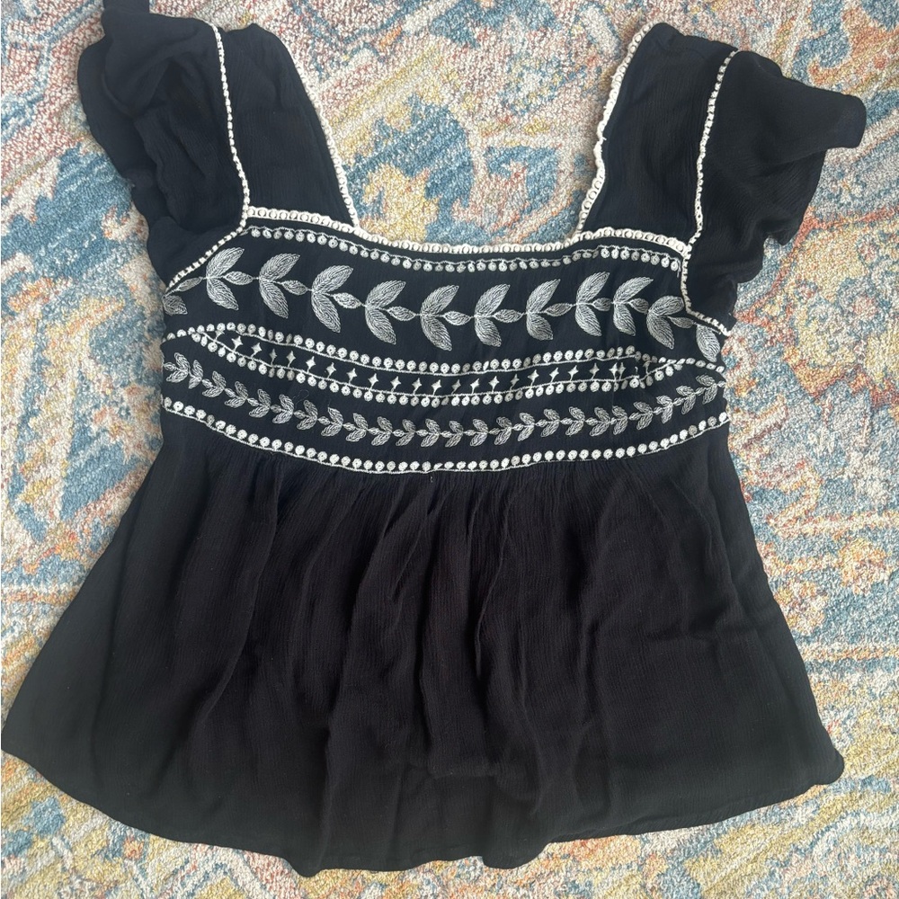 Altar’d State black flowy blouse with cream embroidery